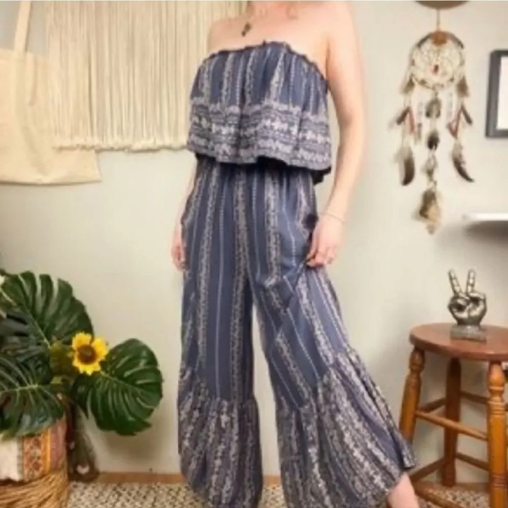Japna Blue Striped Strapless Ruffle Top Boho‎ Crop Flare Jumpsuit Large